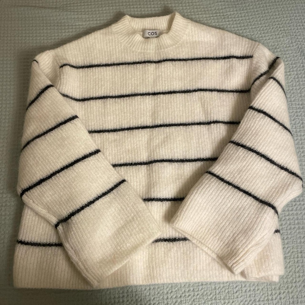COS Ivory and Black Striped Crewneck Sweater